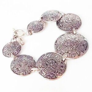 AZTEC MAYAN MEXICAN SUN CALENDAR STERLING SILVER GRADUATED MEDALLIONS BRACELET 6